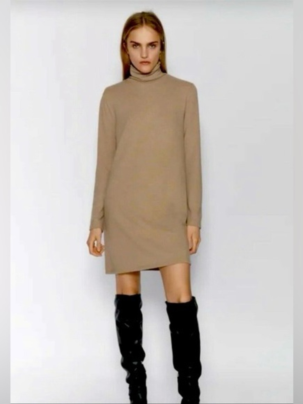 (A7) Zara Tan Turtleneck Sweater Dress | L | Minimalist Neutral Knit Mini Tunic